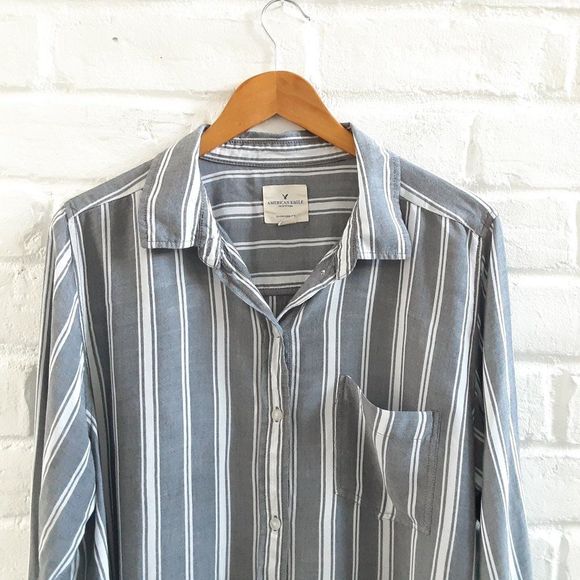 American Eagle Button Up Men Shirt Size XL Gray White Striped Long Sleeve - Picture 2 of 6